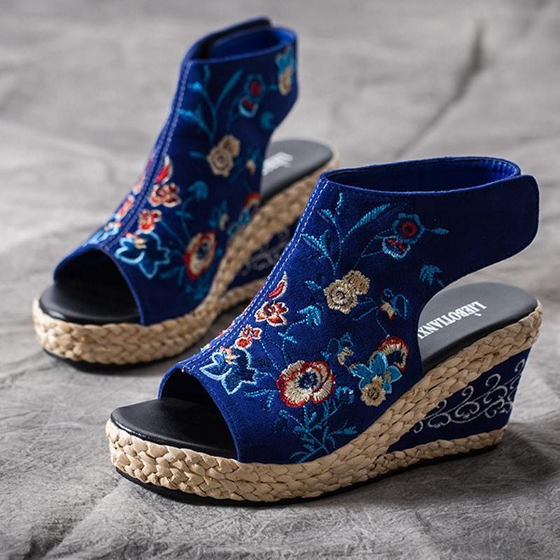 Été Ethnique Broderie Wedge Femmes Sandales