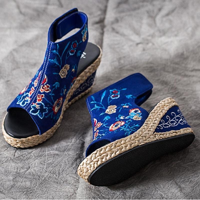 Été Ethnique Broderie Wedge Femmes Sandales