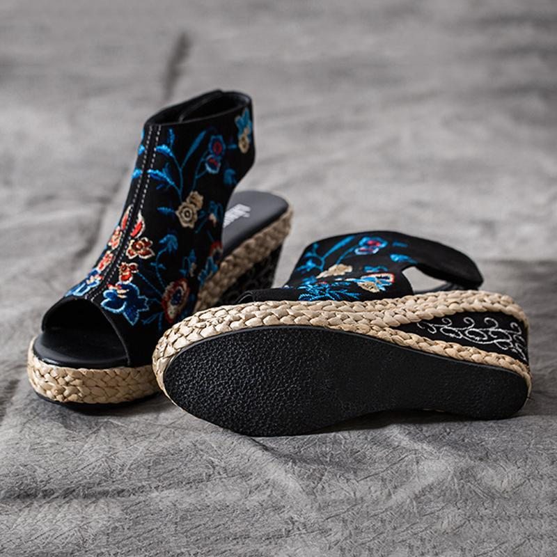 Été Ethnique Broderie Wedge Femmes Sandales