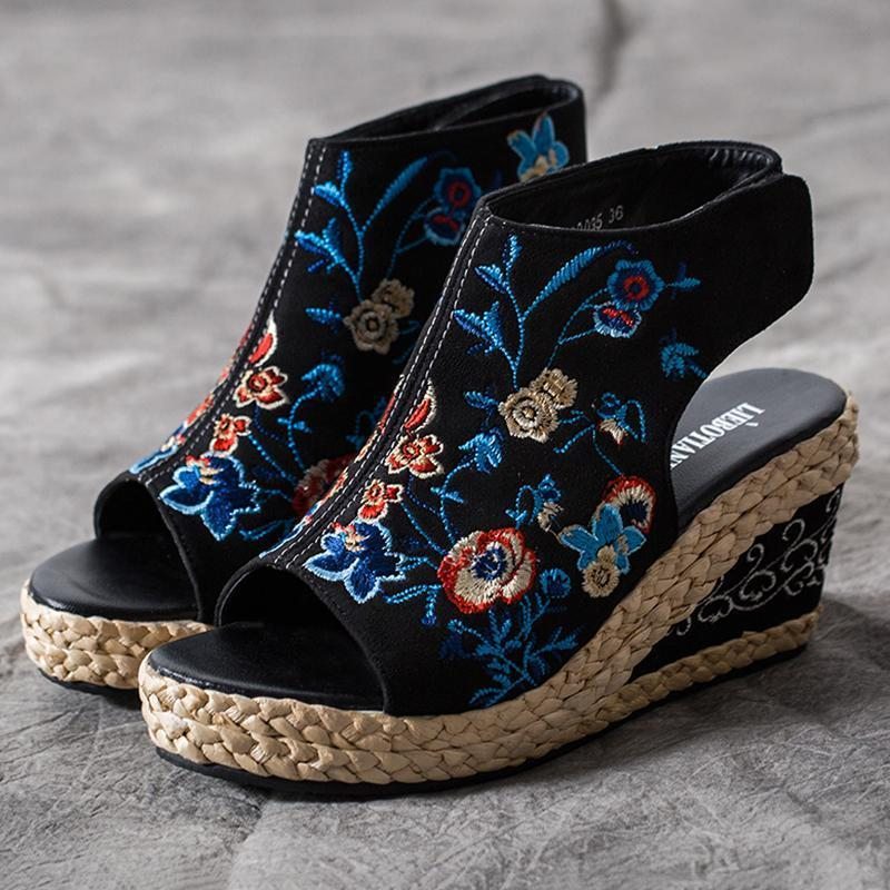 Été Ethnique Broderie Wedge Femmes Sandales