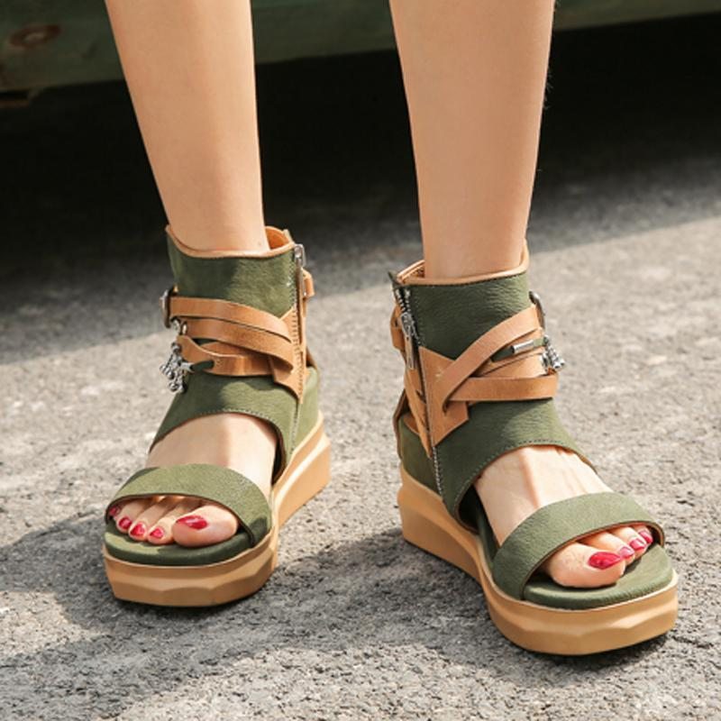 Femmes Retro Wedge Buckle Zippers Open Toe Causal Sandals 34-40