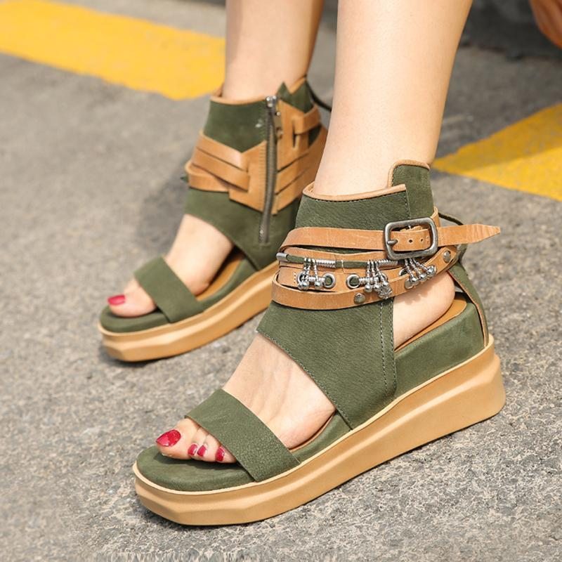 Femmes Retro Wedge Buckle Zippers Open Toe Causal Sandals 34-40