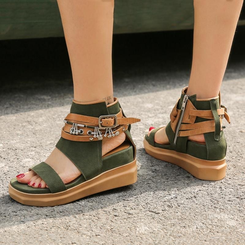 Femmes Retro Wedge Buckle Zippers Open Toe Causal Sandals 34-40