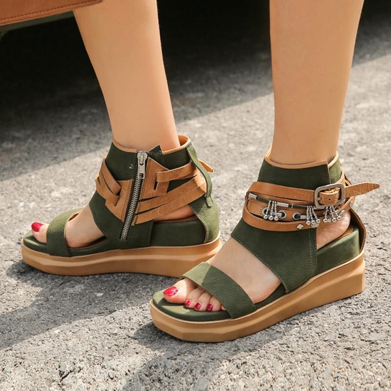 Femmes Retro Wedge Buckle Zippers Open Toe Causal Sandals 34-40