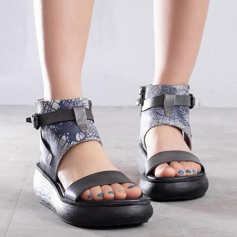 Sandales En Cuir À Plateforme D'été Faites À La Main Pour Femmes Avec Fermetures À Glissière