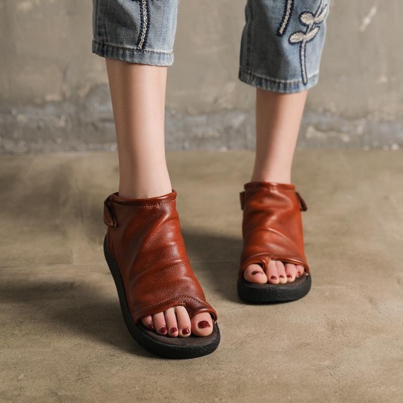 Sandales Pour Femmes D'été À Bout Ouvert Et Talon Bas En Cuir De Vachette