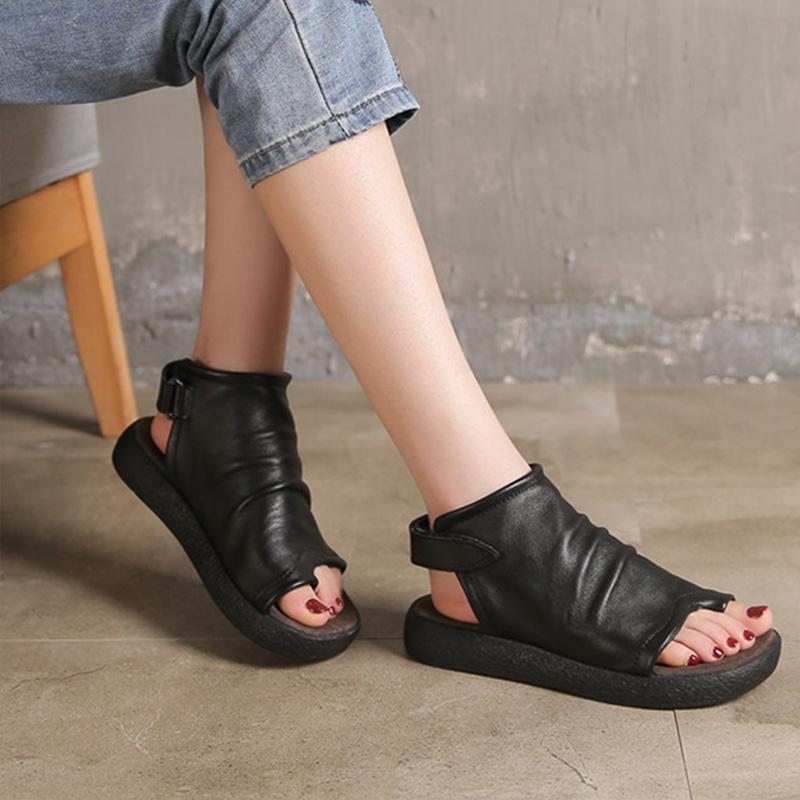 Sandales Pour Femmes D'été À Talon Bas En Cuir De Vachette