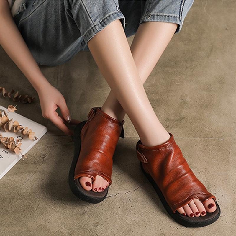 Sandales Pour Femmes D'été À Talon Bas En Cuir De Vachette