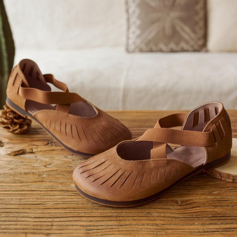 Sandales Pour Femmes À Fond Souple Creux En Cuir Vintage