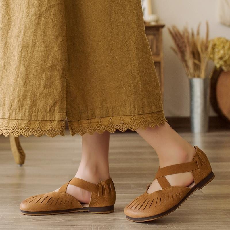 Sandales Pour Femmes À Fond Souple Creux En Cuir Vintage