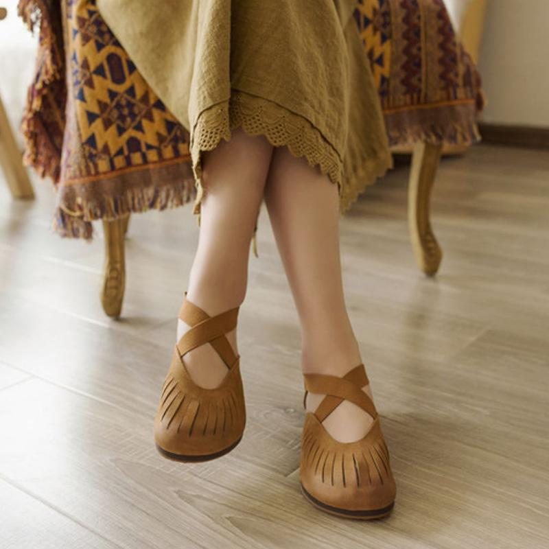 Sandales Pour Femmes À Fond Souple Creux En Cuir Vintage