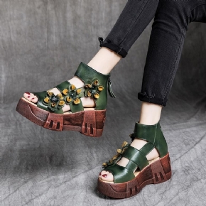 Sandales À Fleurs En Cuir À Plateforme Rétro Pour Femmes