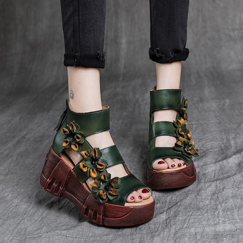 Sandales À Fleurs En Cuir À Plateforme Rétro Pour Femmes