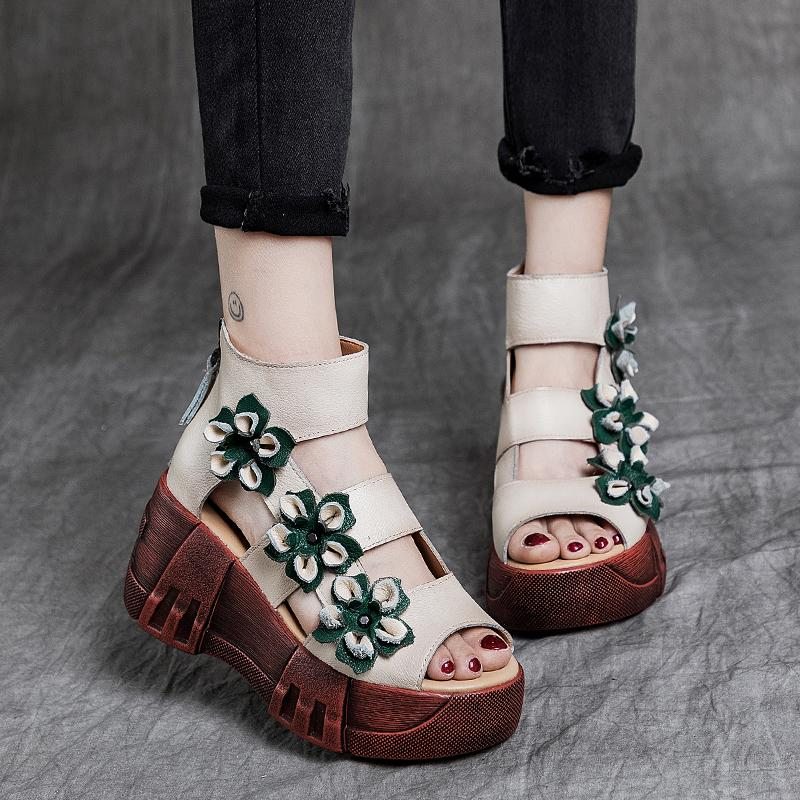 Sandales À Fleurs En Cuir À Plateforme Rétro Pour Femmes