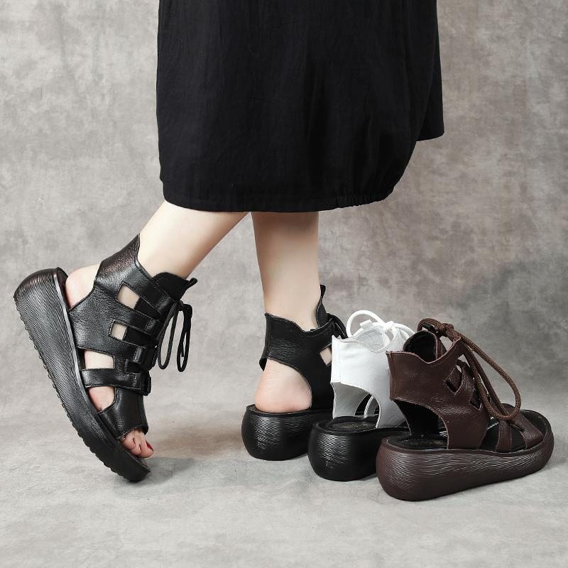 Sandales Hautes Creuses En Cuir Vintage Pour Femmes