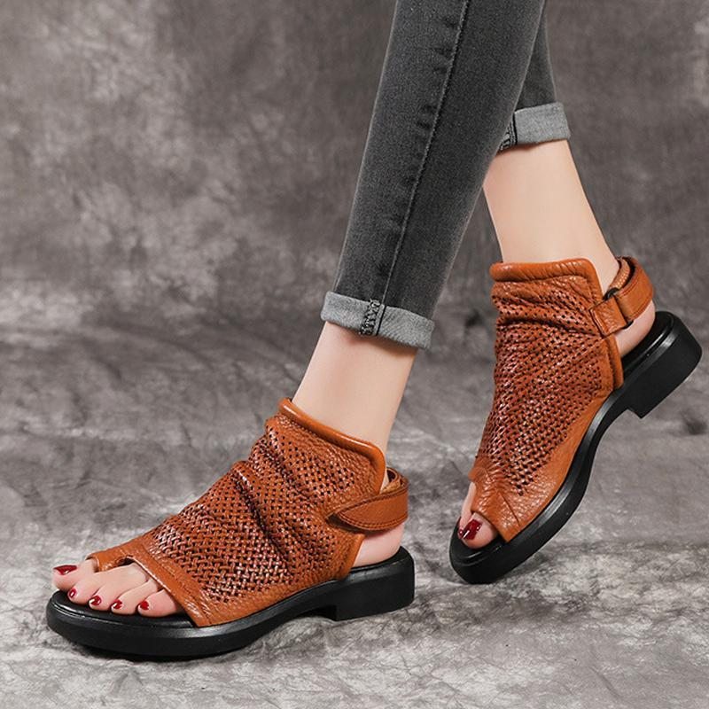 Sandales Plates En Cuir À Bout Creux Pour Femmes