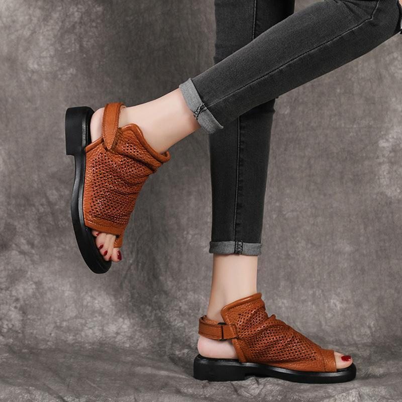 Sandales Plates En Cuir À Bout Creux Pour Femmes