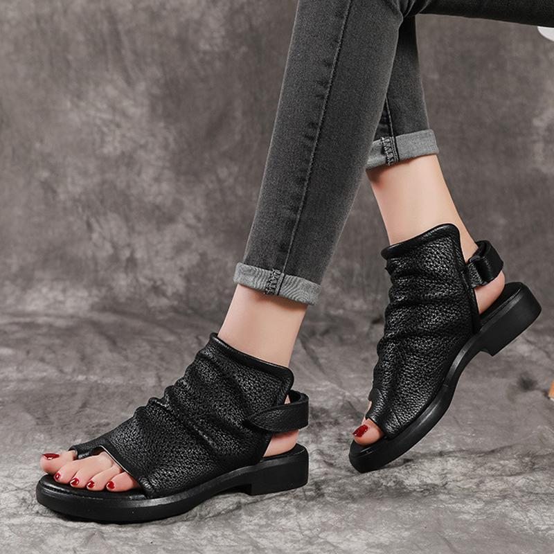 Sandales Plates En Cuir À Bout Creux Pour Femmes