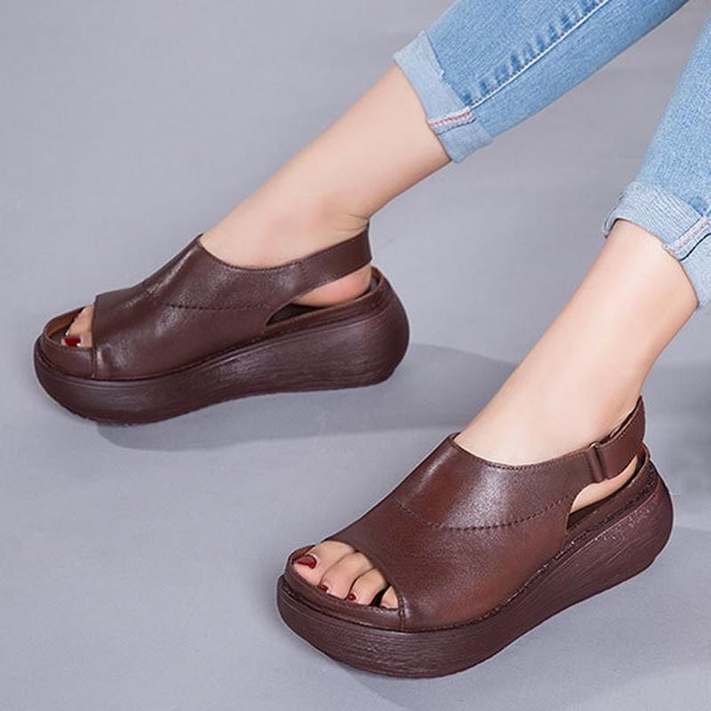 Sandales Velcro En Cuir À Plateforme Peep Toe Décontractées Pour Femmes