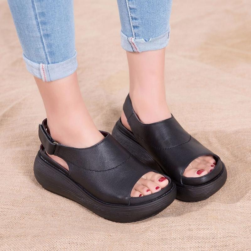 Sandales Velcro En Cuir À Plateforme Peep Toe Décontractées Pour Femmes