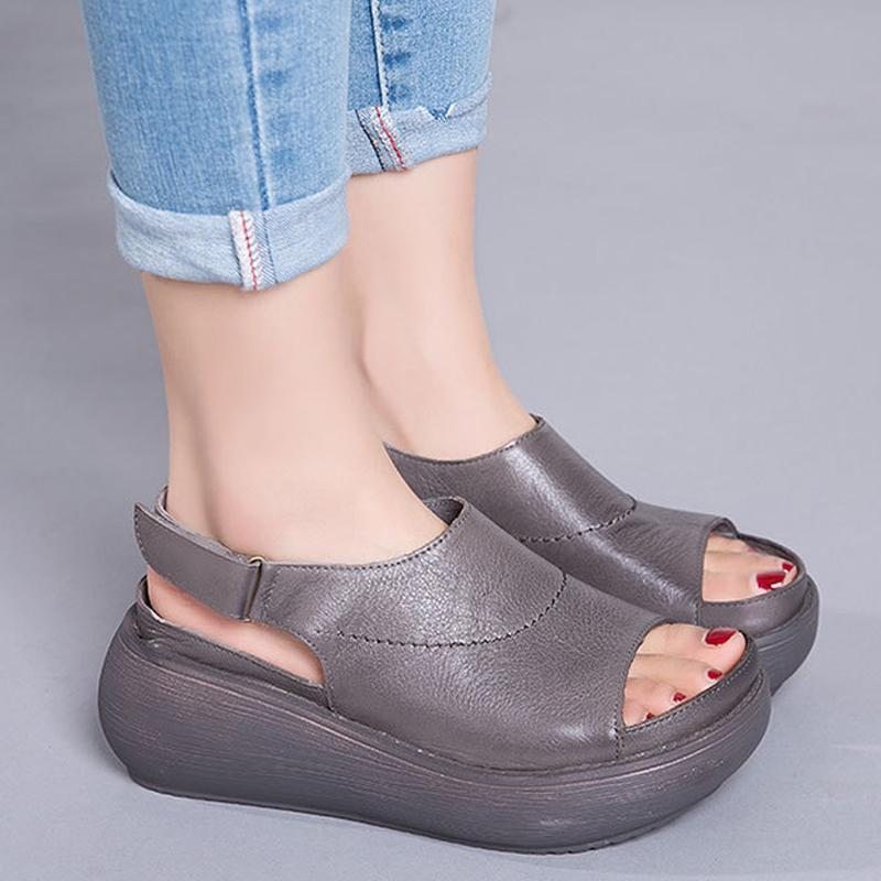 Sandales Velcro En Cuir À Plateforme Peep Toe Décontractées Pour Femmes