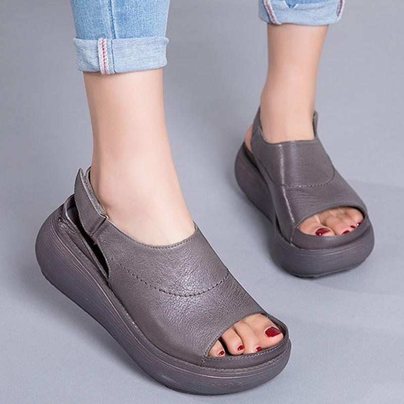 Sandales Velcro En Cuir À Plateforme Peep Toe Décontractées Pour Femmes