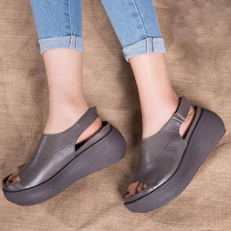 Sandales Velcro En Cuir À Plateforme Peep Toe Décontractées Pour Femmes