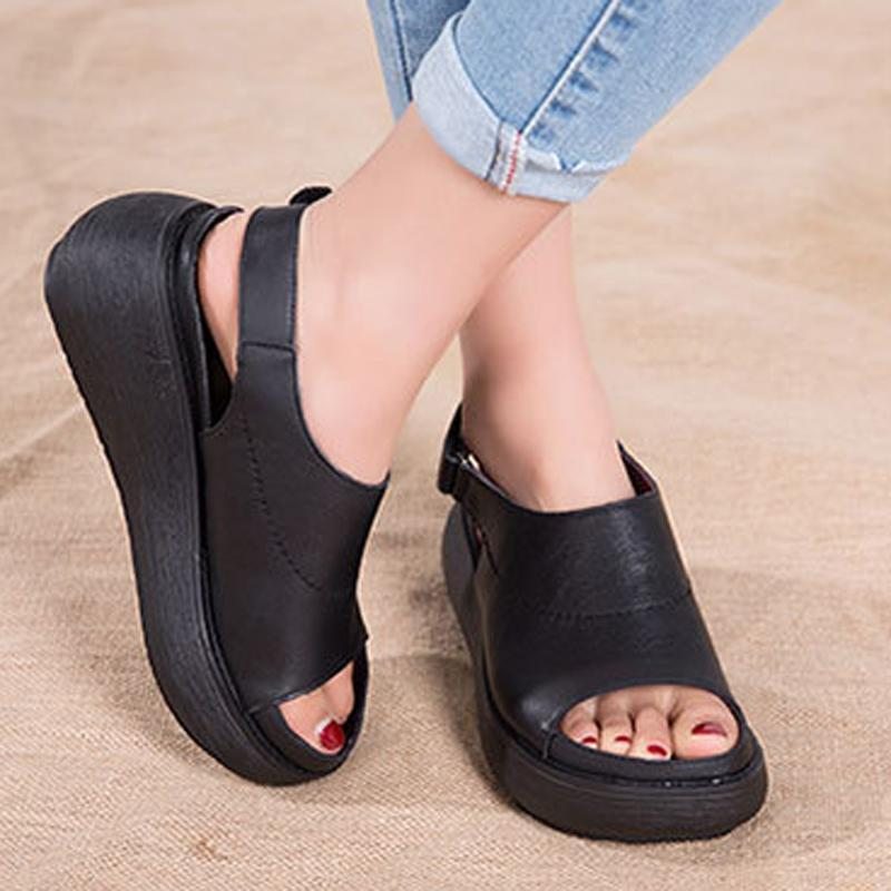 Sandales Velcro En Cuir À Plateforme Peep Toe Décontractées Pour Femmes